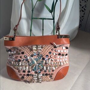 Oscar de la Renta Pink and Tan Embellished Shoulder Bag